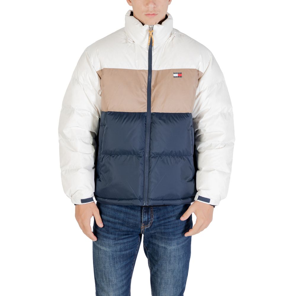 Bomber Jacket by Tommy Hilfiger Jeans for men in polyester cream features a dramatic silhouette, showcasing a sophisticated high-collar neckline and distinctive pockets for a dramatic aesthetic.