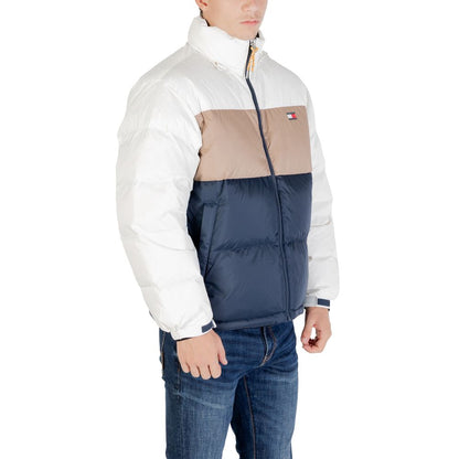 Bomber Jacket by Tommy Hilfiger Jeans for men in polyester cream showcases a bohemian silhouette, artfully detailed with a bohemian high-collar neckline and signature pockets for a truly bohemian finish.