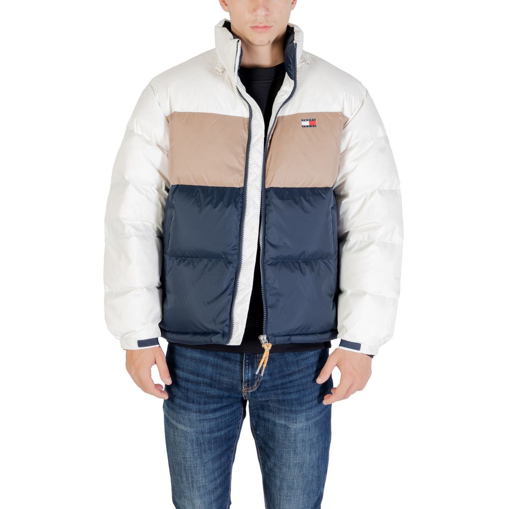 Bomber Jacket by Tommy Hilfiger Jeans for men in polyester cream features a dramatic silhouette, showcasing a sophisticated high-collar neckline and distinctive pockets for a dramatic aesthetic.