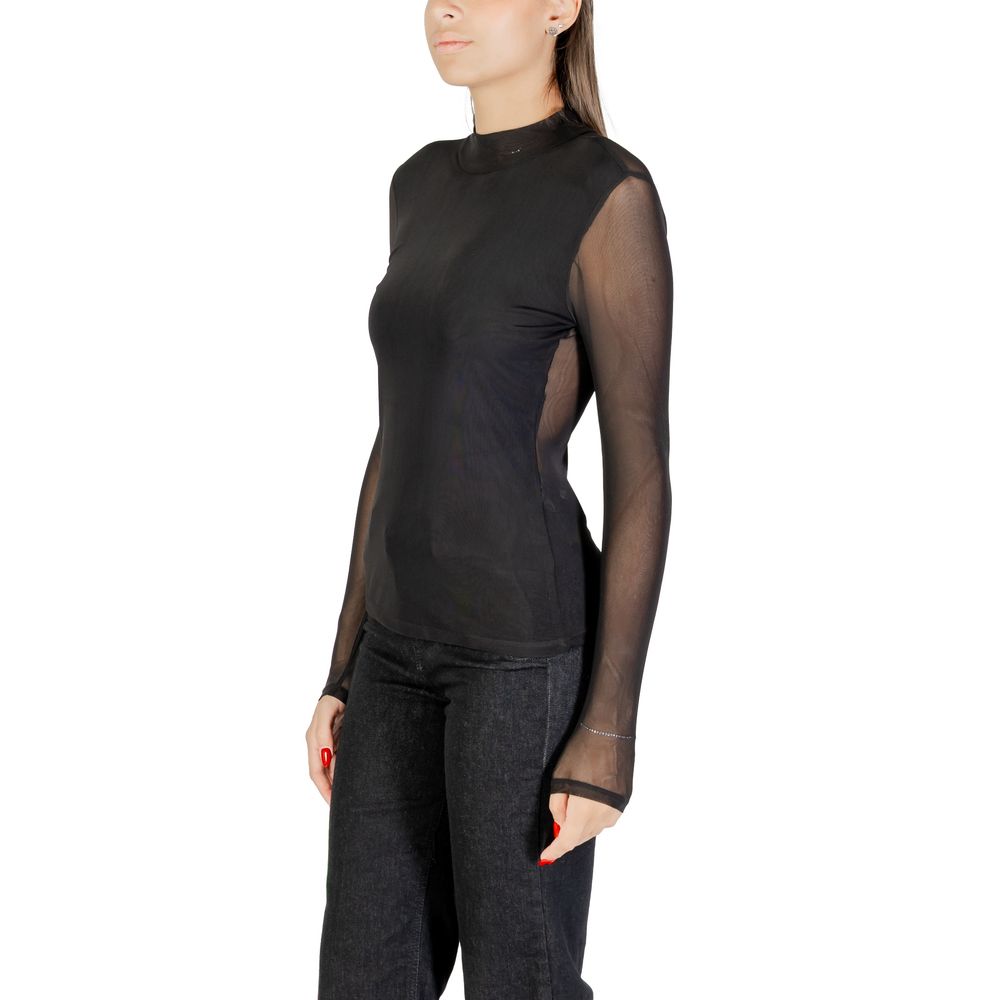 Shirt by Only for women in stretch polyester & lycra black showcases a sharp silhouette, elegantly detailed with a sharp high-collar neckline and sharp .