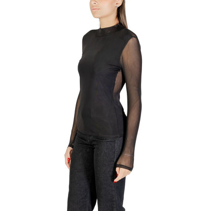 Shirt by Only for women in stretch polyester & lycra black showcases a sharp silhouette, elegantly detailed with a sharp high-collar neckline and sharp .