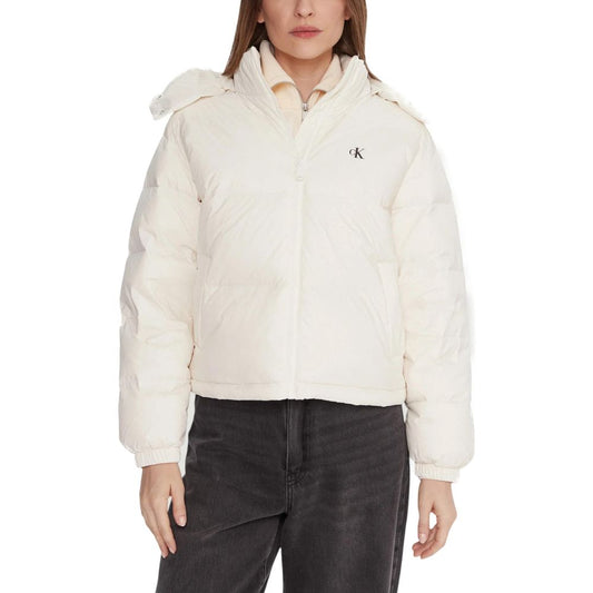 Hooded Overcoat by Calvin Klein Jeans for women in polyamide cream showcases a enveloping silhouette, detailed with distinctive lightweight, hooded & insulated and a enveloping hooded neckline.