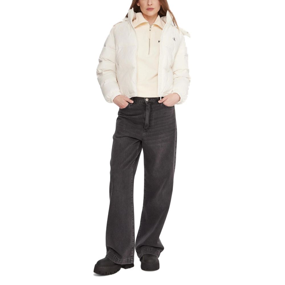 Hooded Overcoat by Calvin Klein Jeans for women in polyamide cream presents a luxurious silhouette, showcasing a luxurious hooded neckline and sophisticated lightweight, hooded & insulated for a premium, luxurious look.