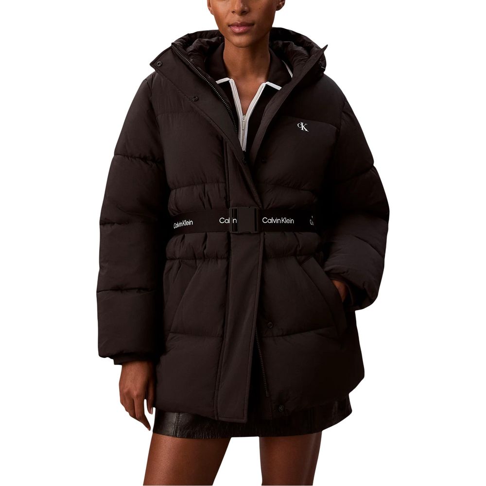 Hooded Overcoat by Calvin Klein Jeans for women in polyamide black showcases a architectural silhouette, artfully detailed with a distinctive hooded neckline and functional lightweight, hooded & insulated for a architectural finish.