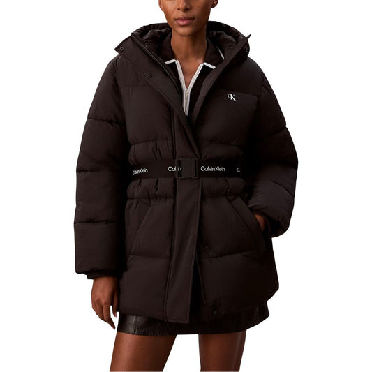 Hooded Overcoat by Calvin Klein Jeans for women in polyamide black showcases a architectural silhouette, artfully detailed with a distinctive hooded neckline and functional lightweight, hooded & insulated for a architectural finish.