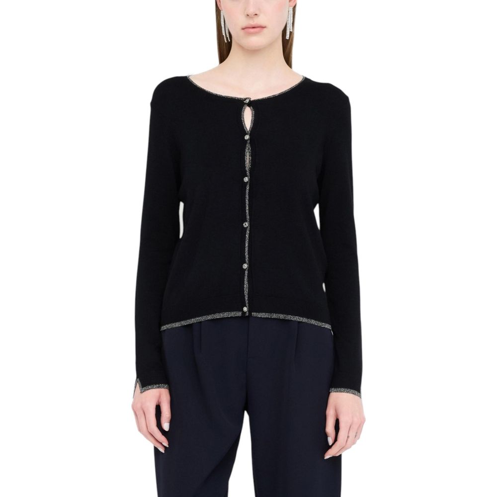 Cardigan by Liu Jo for women in polyamide velvet black showcases a luxurious silhouette, meticulously detailed with a sophisticated round keyhole neckline and for a refined finish.