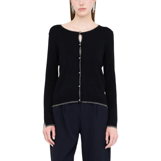 Cardigan by Liu Jo for women in polyamide velvet black showcases a luxurious silhouette, meticulously detailed with a sophisticated round keyhole neckline and for a refined finish.