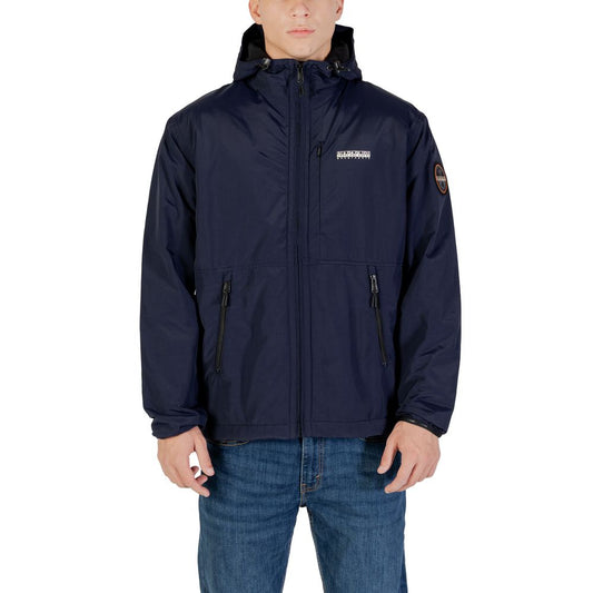 Hooded Windbreaker Jacket by Napapijri for men in polyamide blue features an magnificent silhouette, showcasing the sophisticated hooded neckline and functional pockets, hooded & windproof for a premium, magnificent look.