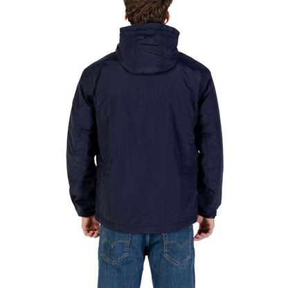 Hooded Windbreaker Jacket by Napapijri for men in polyamide blue showcases a modern silhouette, integrating pockets, hooded & windproof and a modern hooded neckline for a sophisticated finish.
