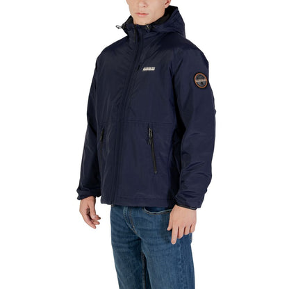 Hooded Windbreaker Jacket by Napapijri for men in polyamide blue presents a resilient silhouette, artfully detailed with a sophisticated hooded neckline and functional pockets, hooded & windproof for a resilient finish.