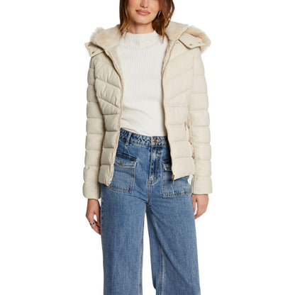 Hooded Jacket by Morgan De Toi for women in polyethylene polurethan faux fur beige presents a authentic silhouette, artfully detailed with a authentic hooded neckline and functional pockets, hooded & insulated for a premium authentic finish.