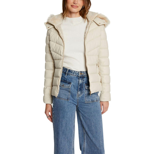 Hooded Jacket by Morgan De Toi for women in polyethylene polurethan faux fur beige presents a authentic silhouette, artfully detailed with a authentic hooded neckline and functional pockets, hooded & insulated for a premium authentic finish.