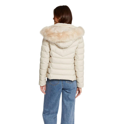 Hooded Jacket by Morgan De Toi for women in polyethylene polurethan faux fur beige features a smart silhouette, perfectly accentuated by its unique hooded neckline and functional pockets, hooded & insulated for a smart finish.