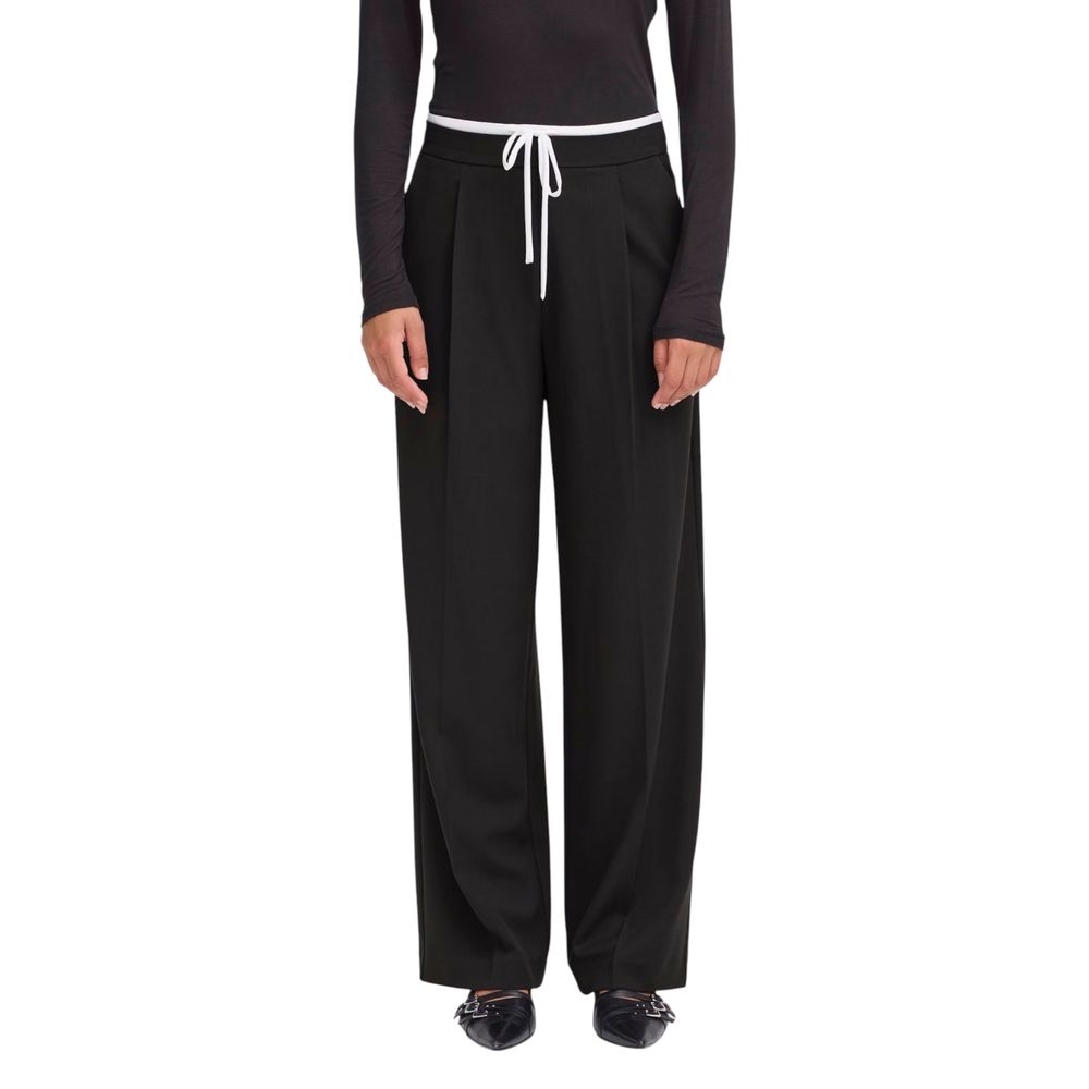 ICHI Women's Wide Stretch Viscose Trousers - Black