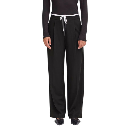 ICHI Women's Wide Stretch Viscose Trousers - Black