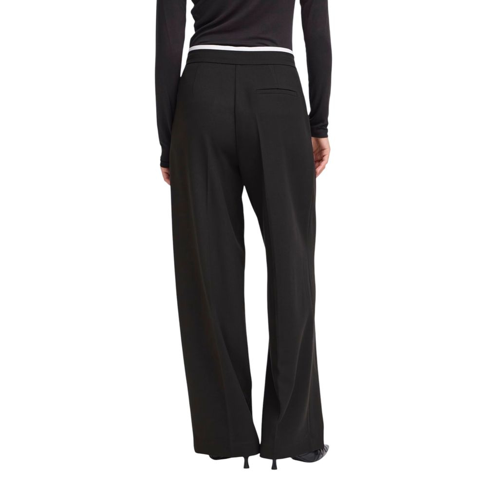 ICHI Women's Wide Stretch Viscose Trousers - Black