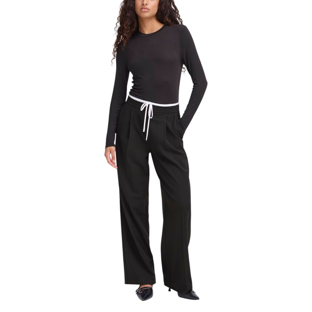 ICHI Women's Wide Stretch Viscose Trousers - Black