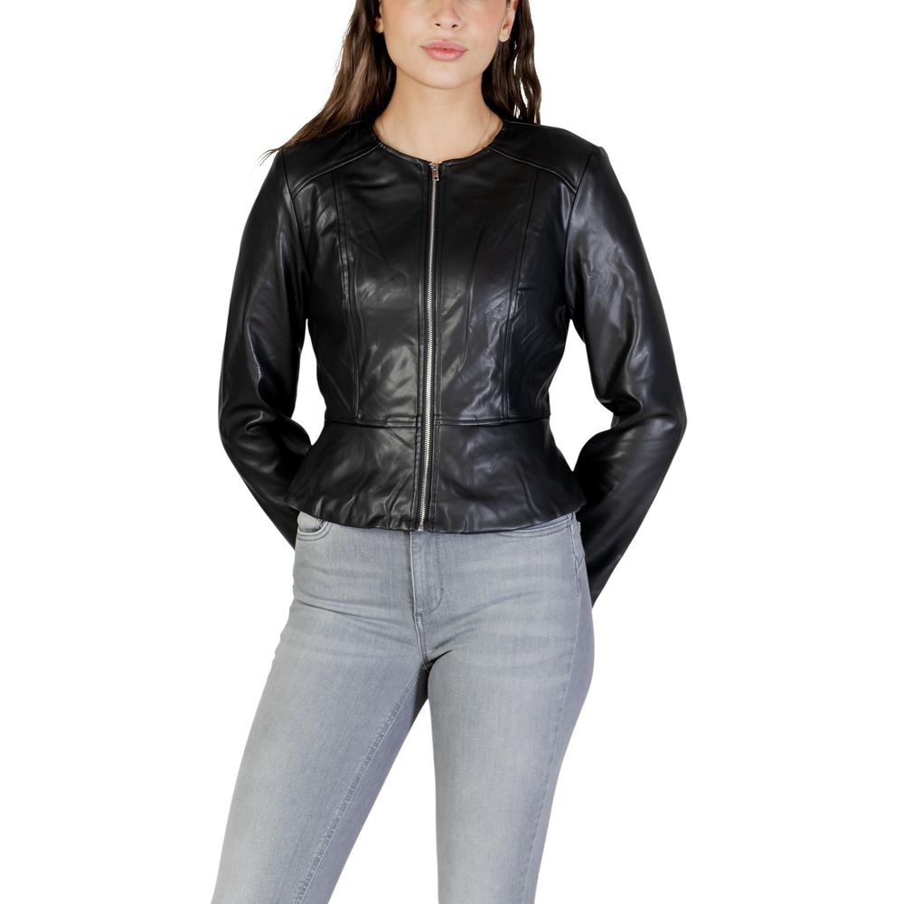Jacket by Jacqueline De Yong for women in polyester polyurethane faux leather black presents a impeccable silhouette, showcasing distinct and a impeccable for a sophisticated finish.