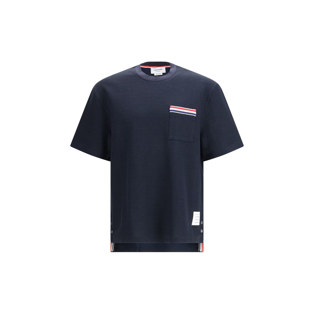 T-Shirt by Thom Browne for men in stretch polyamide cotton & linen blue, signature & striped features an edgy silhouette, meticulously detailed with a sophisticated and for a truly edgy finish.