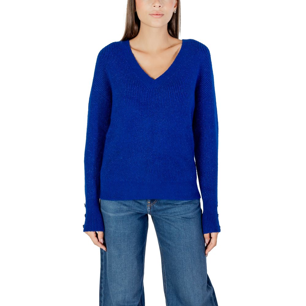 Sweatshirt by Morgan De Toi for women in stretch polyester & wool blue features an provocated silhouette, detailed with a provocated and a refined v-neck neckline for a sophisticated aesthetic.