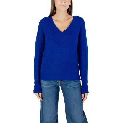 Sweatshirt by Morgan De Toi for women in stretch polyester & wool blue features an provocated silhouette, detailed with a provocated and a refined v-neck neckline for a sophisticated aesthetic.