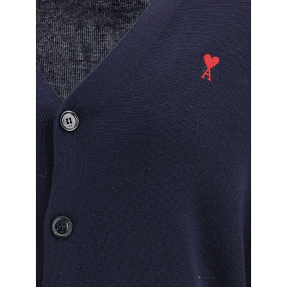 Ami Paris Men's Regular Fit Wool Cardigan - Blue Jacquard