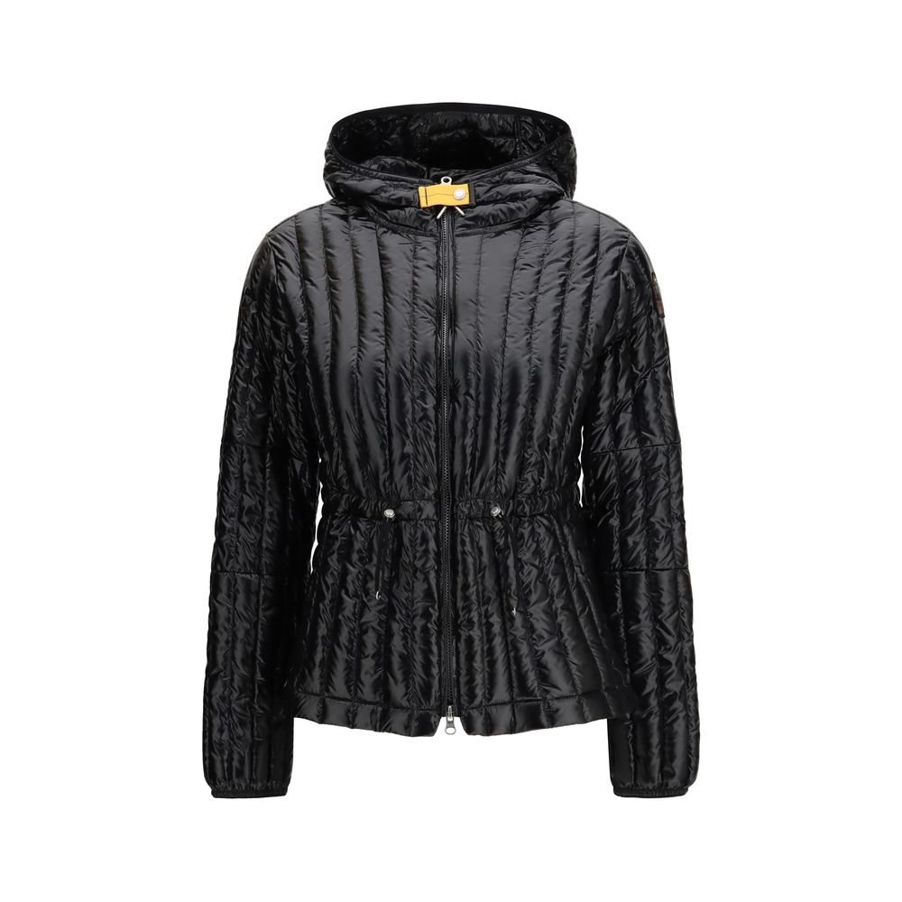 Hooded Puffer Jacket by Parajumpers for women in stretch nylon black, yellow & signature features a city-ready silhouette, detailed with pockets, hooded, insulated & windproof and a city-ready hooded neckline.