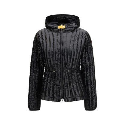 Hooded Puffer Jacket by Parajumpers for women in stretch nylon black, yellow & signature features a city-ready silhouette, detailed with pockets, hooded, insulated & windproof and a city-ready hooded neckline.