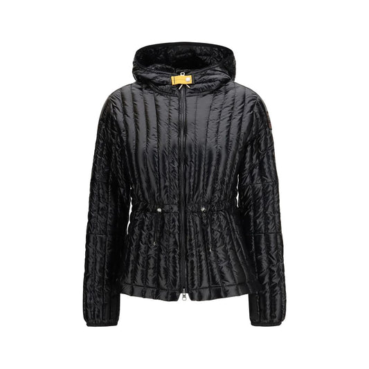 Hooded Puffer Jacket by Parajumpers for women in stretch nylon black, yellow & signature features a city-ready silhouette, detailed with pockets, hooded, insulated & windproof and a city-ready hooded neckline.