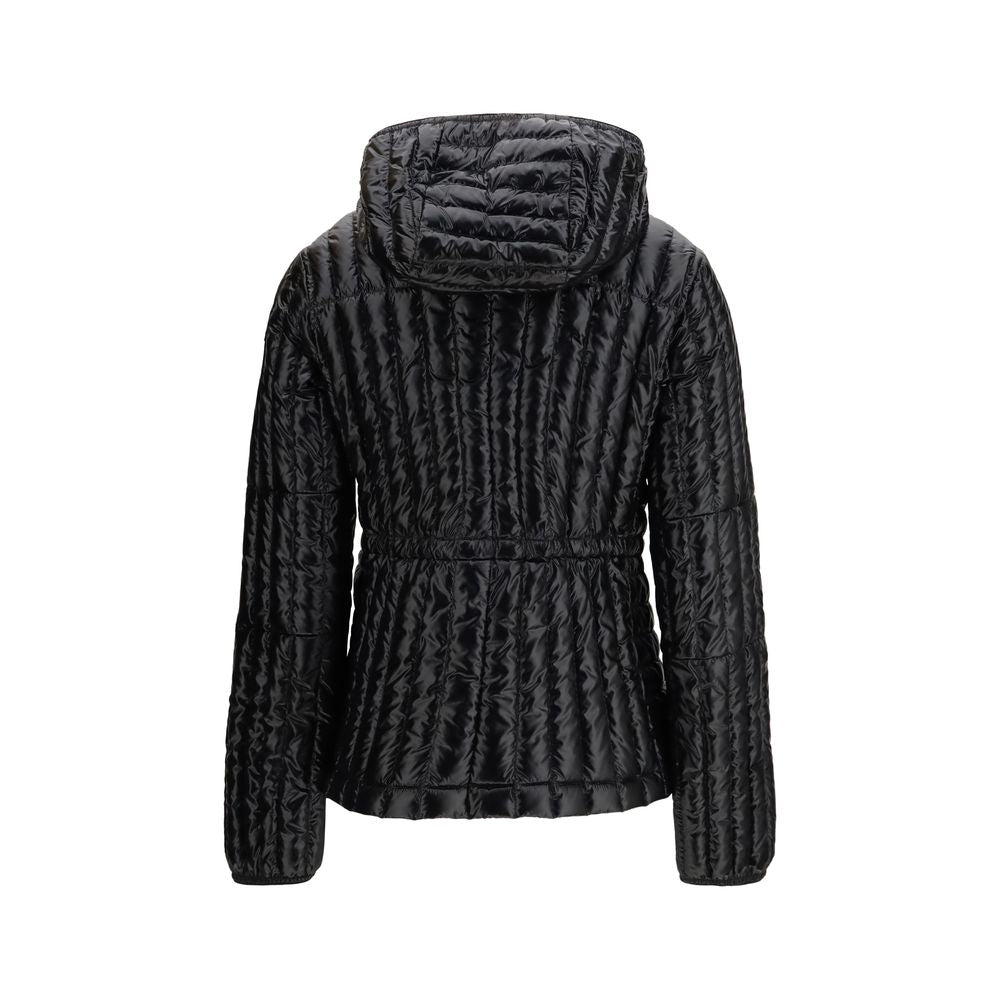 Hooded Puffer Jacket by Parajumpers for women in stretch nylon black, yellow & signature presents a effortlessly chic silhouette, showcasing a sophisticated hooded neckline and premium pockets, hooded, insulated & windproof for a truly effortlessly chic finish.