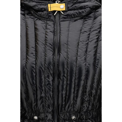 Hooded Puffer Jacket by Parajumpers for women in stretch nylon black, yellow & signature features a dramatic silhouette, showcasing a sophisticated and distinctive pockets, hooded, insulated & windproof for a dramatic aesthetic.