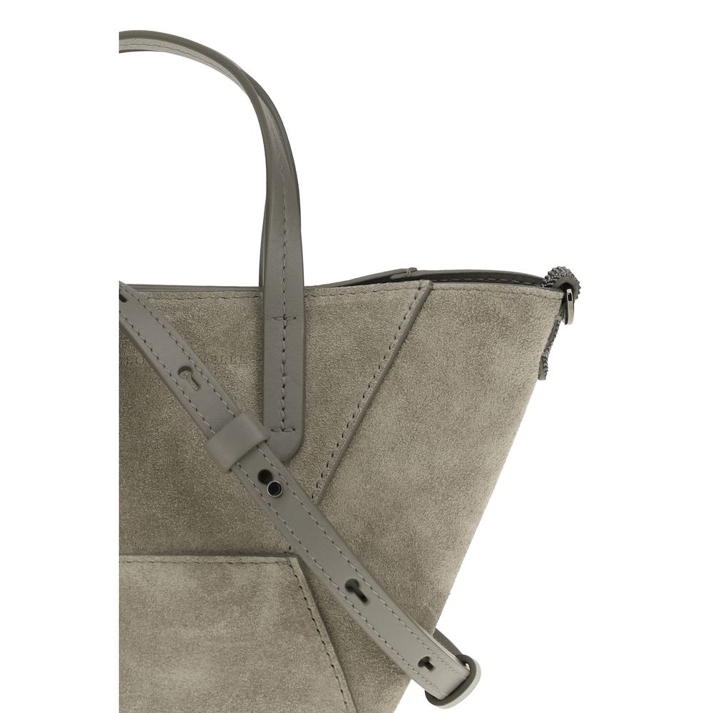 Shoulder Bag by Brunello Cucinelli for women in bos taurus calf suede leather brown, signature & monogram features an effortlessly chic silhouette with a secure magnetic & button, ample single-compartment, and versatile shoulder-strap, handle & adjustable-strap for effortlessly chic everyday luxury.