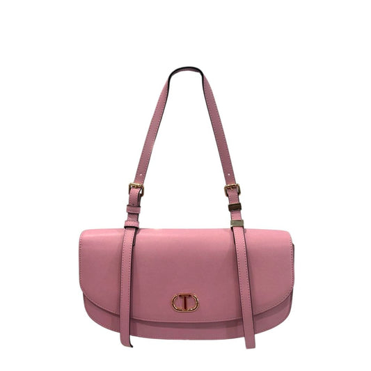 Shoulder Flap Clutch Handbag by Twinset for women in polyurethane gold, multicolor & pink features a sculptural silhouette with a secure flap, magnetic & button, organized built-in-compartments, and versatile shoulder-strap for a sculptural finish.