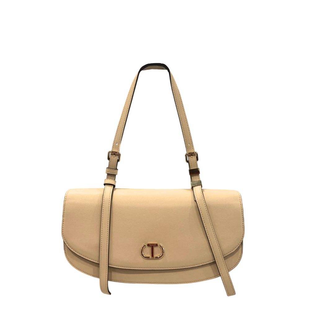 Flap Clutch Handbag by Twinset for women in polyurethane beige, gold & yellow features a statuesque silhouette, showcasing a secure flap, magnetic & button and organized built-in-compartments with versatile crossbody-strap & shoulder-strap for statuesque evening wear.
