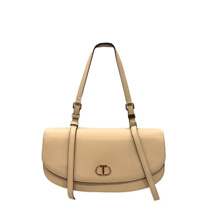 Flap Clutch Handbag by Twinset for women in polyurethane beige, gold & yellow features a statuesque silhouette, showcasing a secure flap, magnetic & button and organized built-in-compartments with versatile crossbody-strap & shoulder-strap for statuesque evening wear.