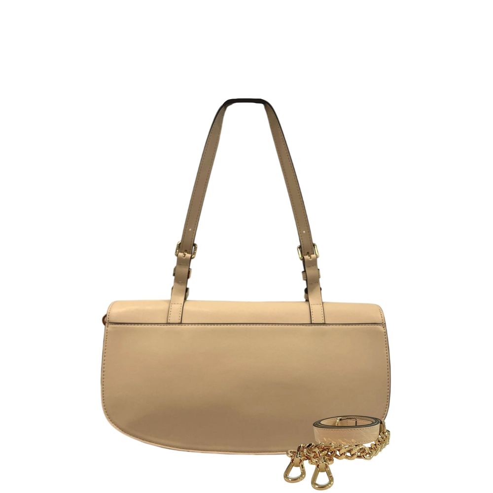 Flap Clutch Handbag by Twinset for women in polyurethane beige, gold & yellow features a sculptural silhouette with a secure flap, magnetic & button, organized built-in-compartments, and versatile crossbody-strap & shoulder-strap for a sculptural finish.