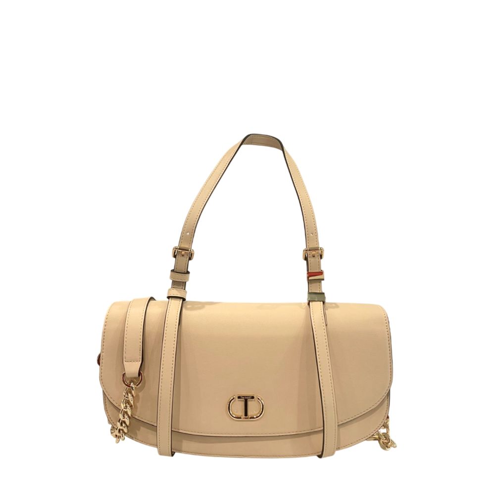 Flap Clutch Handbag by Twinset for women in polyurethane beige, gold & yellow features an sculptural silhouette, showcasing a secure flap, magnetic & button and sculptural built-in-compartments with versatile crossbody-strap & shoulder-strap for a sophisticated look.