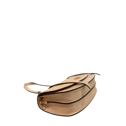 Flap Clutch Handbag by Twinset for women in polyurethane beige, gold & yellow features a sculptural silhouette with a secure flap, magnetic & button, organized built-in-compartments, and versatile crossbody-strap & shoulder-strap for a sculptural finish.