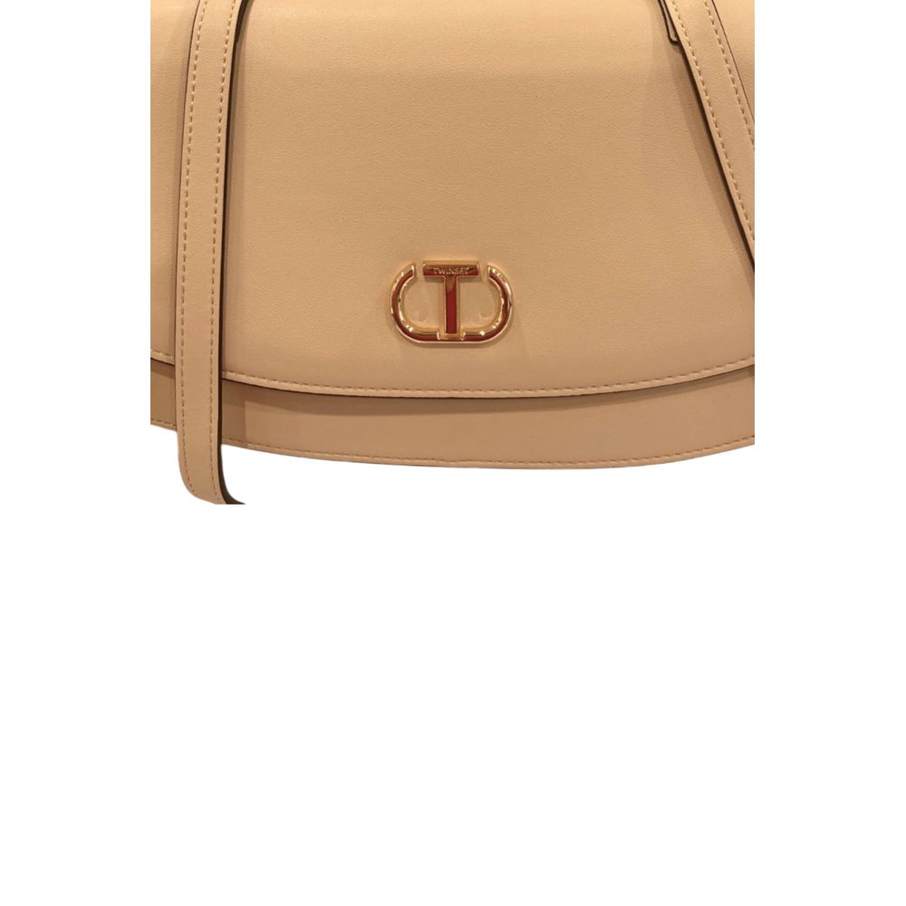 Flap Clutch Handbag by Twinset for women in polyurethane beige, gold & yellow showcases a sculptural silhouette, featuring a secure flap, magnetic & button, ample built-in-compartments, and versatile crossbody-strap & shoulder-strap for a sculptural aesthetic.