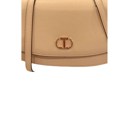 Flap Clutch Handbag by Twinset for women in polyurethane beige, gold & yellow showcases a sculptural silhouette, featuring a secure flap, magnetic & button, ample built-in-compartments, and versatile crossbody-strap & shoulder-strap for a sculptural aesthetic.