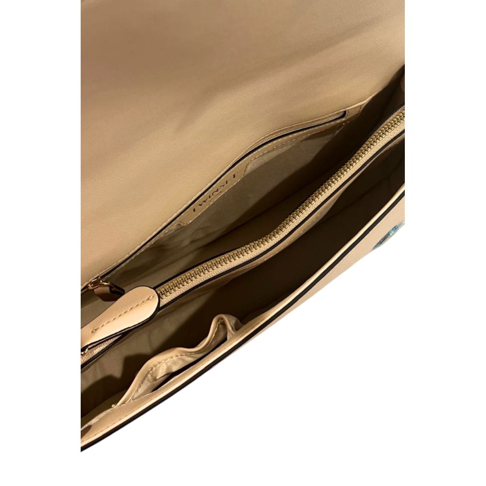 Flap Clutch Handbag by Twinset for women in polyurethane beige, gold & yellow features a statuesque silhouette, showcasing a secure flap, magnetic & button and organized built-in-compartments with versatile crossbody-strap & shoulder-strap for statuesque evening wear.