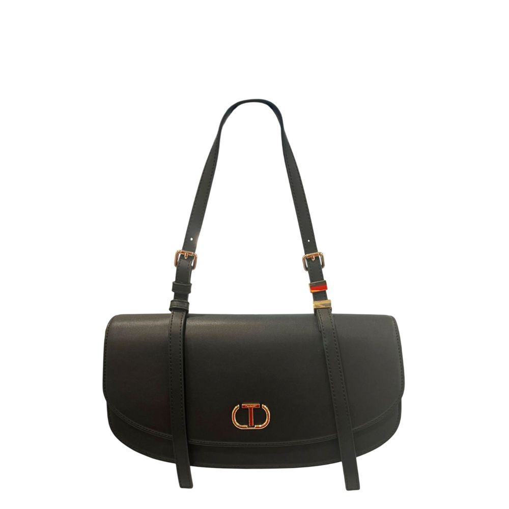 Shoulder Evening Flap Clutch Handbag by Twinset for women in polyurethane black & gold features an sculptural silhouette, showcasing a secure flap, magnetic & button and sculptural built-in-compartments with versatile shoulder-strap for a sophisticated look.