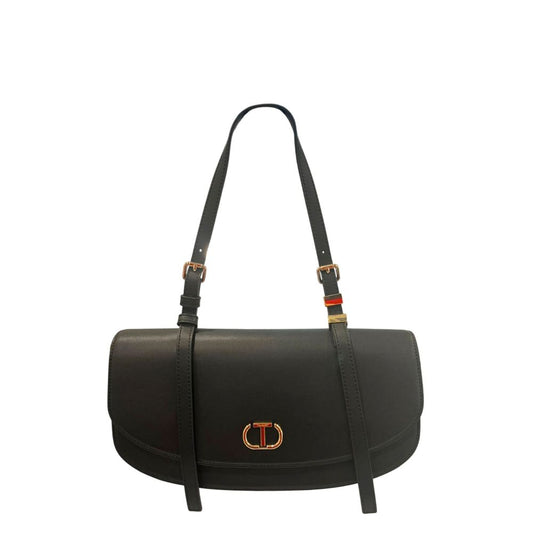 Shoulder Evening Flap Clutch Handbag by Twinset for women in polyurethane black & gold features an sculptural silhouette, showcasing a secure flap, magnetic & button and sculptural built-in-compartments with versatile shoulder-strap for a sophisticated look.