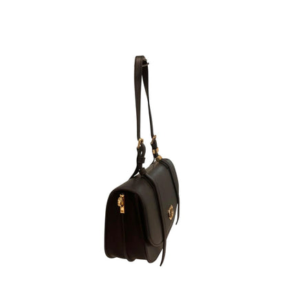 Shoulder Evening Flap Clutch Handbag by Twinset for women in polyurethane black & gold showcases a sculptural silhouette, featuring a secure flap, magnetic & button, ample built-in-compartments, and versatile shoulder-strap for a sculptural finish.