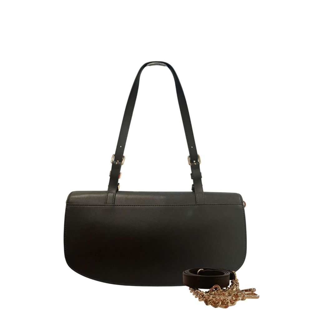 Shoulder Evening Flap Clutch Handbag by Twinset for women in polyurethane black & gold features a sculptural silhouette with a secure flap, magnetic & button, organized built-in-compartments, and versatile shoulder-strap for a sculptural finish.