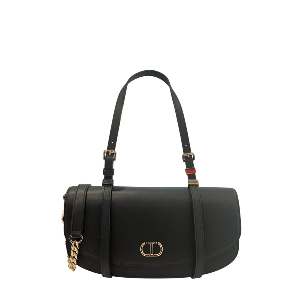 Shoulder Evening Flap Clutch Handbag by Twinset for women in polyurethane black & gold features a sculptural silhouette with a secure flap, magnetic & button, ample built-in-compartments, and versatile shoulder-strap for a sculptural finish.