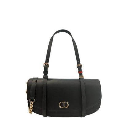 Shoulder Evening Flap Clutch Handbag by Twinset for women in polyurethane black & gold features a sculptural silhouette with a secure flap, magnetic & button, ample built-in-compartments, and versatile shoulder-strap for a sculptural finish.