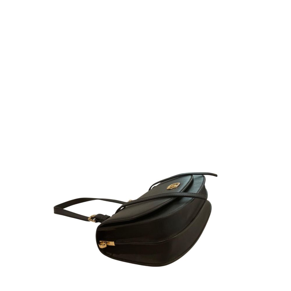 Shoulder Evening Flap Clutch Handbag by Twinset for women in polyurethane black & gold showcases a sculptural silhouette, featuring a secure flap, magnetic & button, ample built-in-compartments, and versatile shoulder-strap for a sculptural aesthetic.