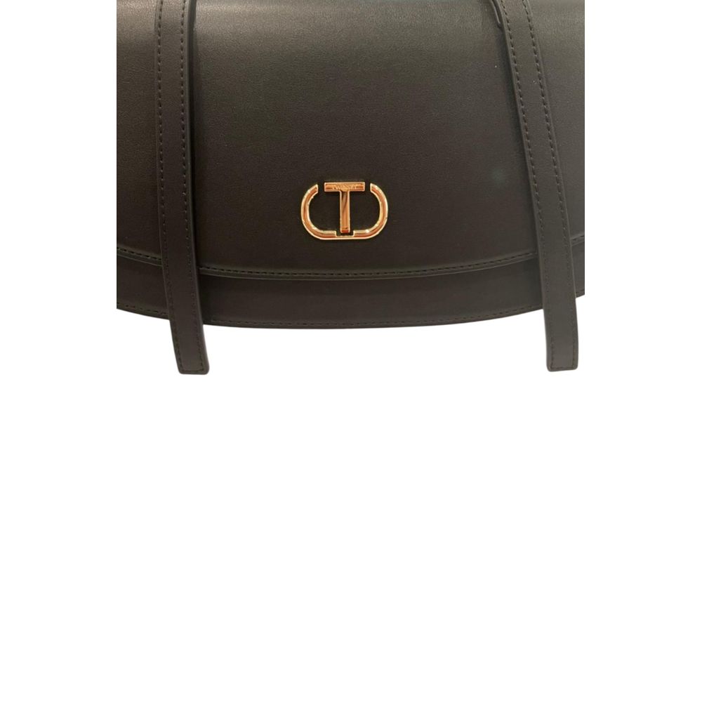 Shoulder Evening Flap Clutch Handbag by Twinset for women in polyurethane black & gold showcases a sculptural silhouette, featuring a secure flap, magnetic & button, ample built-in-compartments, and versatile shoulder-strap for a sculptural finish.
