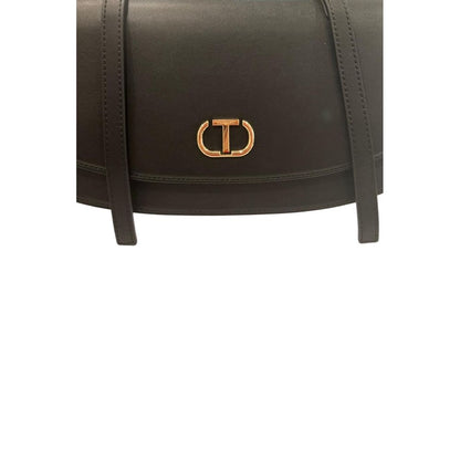 Shoulder Evening Flap Clutch Handbag by Twinset for women in polyurethane black & gold showcases a sculptural silhouette, featuring a secure flap, magnetic & button, ample built-in-compartments, and versatile shoulder-strap for a sculptural finish.